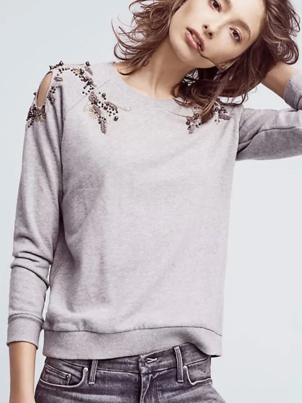 Anthropologie Deletta Twilight Ivy Beaded Cotton Crewneck Pullover Sweatshirt L